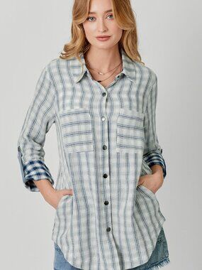MYSTREE 100% Cotton Blue Stripe Button Front Tunic Shirt Top Roll Tab Sleeve Poc